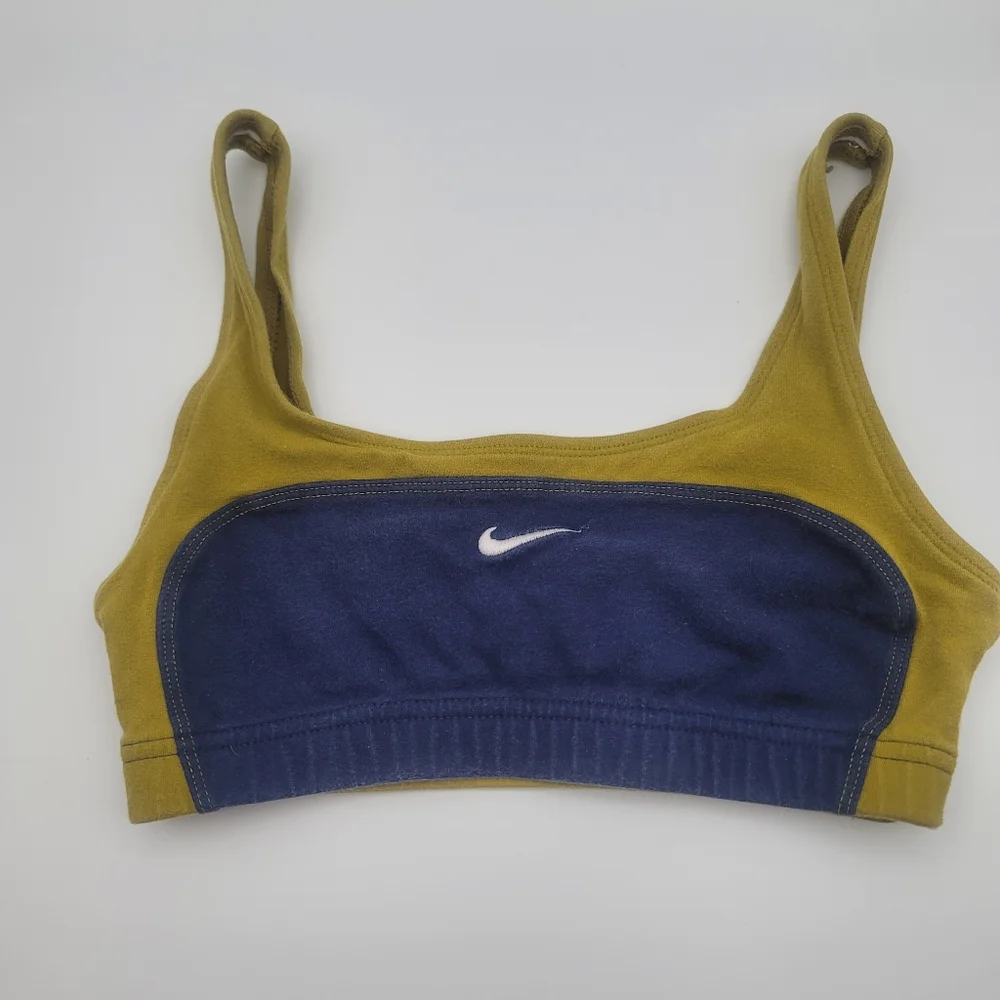 Nike Sports Bra and Shorts,  Chartreuse/Mustard Yellow and Denim Blue, Small - Picture 3 of 11